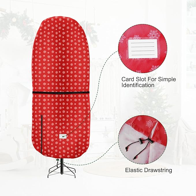 Upright Christmas Tree Storage Bag,Tear Resistant Adjustable 6 FT Xmas Tree Storage Cover for Assembled Tree Standing with Ornaments,Christmas Tree Cover Waterproof - Snow Printing Red
