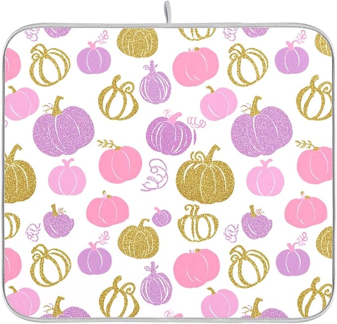 Pumpkin Pink Purple Dish Drying Mat for Kitchen Countertop 16x18 Fall Rectangle Small Drying Mat Reusable Quick Dry Dish Sink Absorbent Mats Dishwasher Easy Clean Decorative Home Decor Essentials