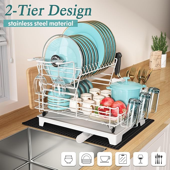 BOOSINY 2 Tier White Large Stainless Steel Dish Drainers Drying Rack for Kitchen Counter with Drainboard, Rust Proof Metal, Space Saving, Modern Aesthetic, Compact Plates Strainers with Extra Mat