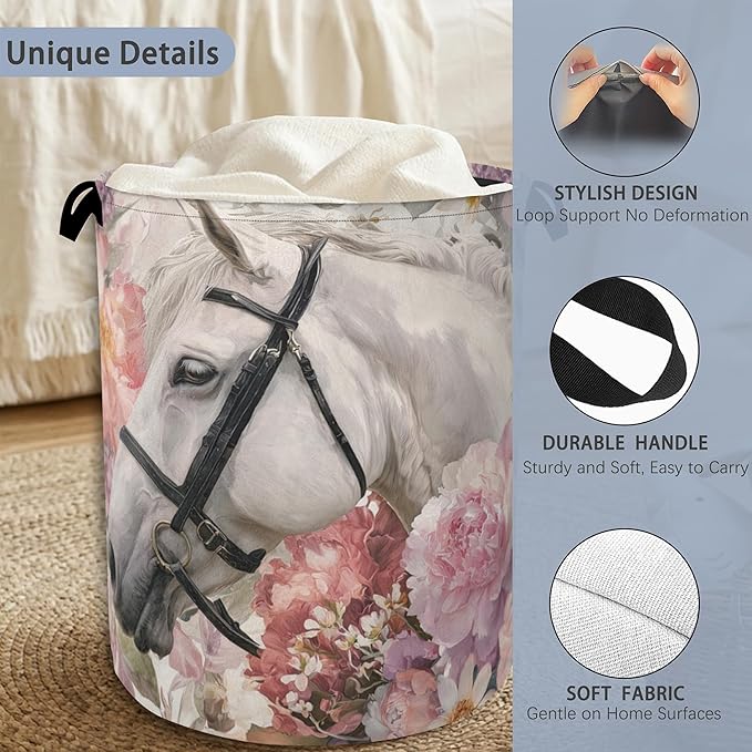 Horse Laundry Hamper,Pink Flowers Dirty Clothes Laundry Basket with Handles Waterproof Oxford Cloth Storage Basket for College Dorms Bathroom Bedroom 16" x 20.8"
