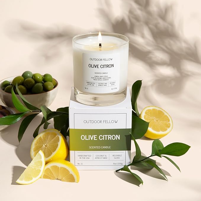 Outdoor Fellow Olive Citron Scented Candle – Highly Scented 8oz Jar Candle with Lemon, Citrus & Herbs – Non Toxic, Long Lasting Fragrance for Lemon Decor Accent in Home or Kitchen