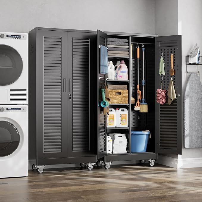 Mop and Broom Closet Storage Cabinet with Wheels and Pegboard,Metal Garage Storage Cabinet with Doors and Adjustable Shelves for Garage Home,Required Assembly,Black