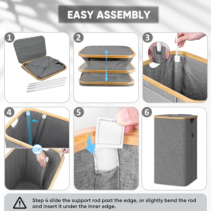 BALEINE Laundry Hamper with Lid, Tall Laundry Baskets with Bamboo Pull Handles, Large Laundry Bin with Internal Support (18 Gal/70L, Grey Stripe)