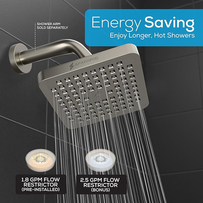 SparkPod Shower Head - High Pressure Rain - Premium Quality Luxury Design - 1-Min Install - Easy Clean Adjustable Replacement for Your Bathroom Shower Heads (Elegant Brushed Nickel, 8 Inch Square)