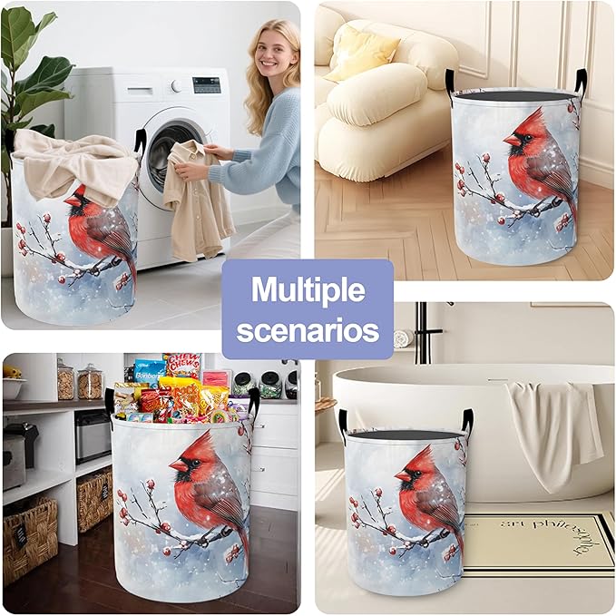 Cardinal BirdLaundry Basket,Winter Flowers Large Canvas Fabric Lightweight Storage Hamper Organizer Dirty Clothes Collapsible Waterproof for College Dorms,Bathroom