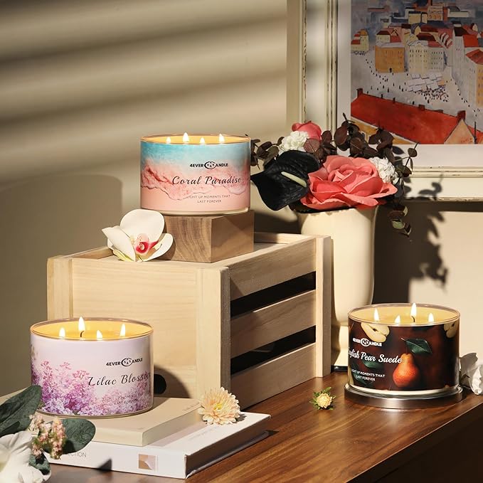 4EVER Scented Candles | 4-Wick 18oz Soy Wax Candle | Up to 50Hrs Clean Burn | Aromatherapy Candles for Home Scented | Gifts for Women & Mom, English Pear Suede