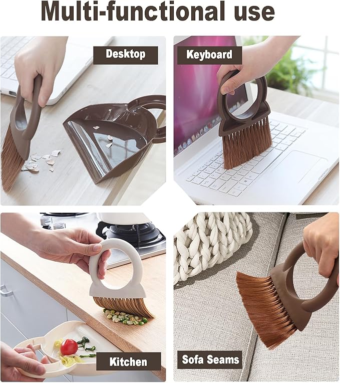 Round Handle Brush and Dustpan Set Small Broom & Dustpan Portable Handheld Sweeper for Desktop Sofa Floor Pet Nest (Coffee)