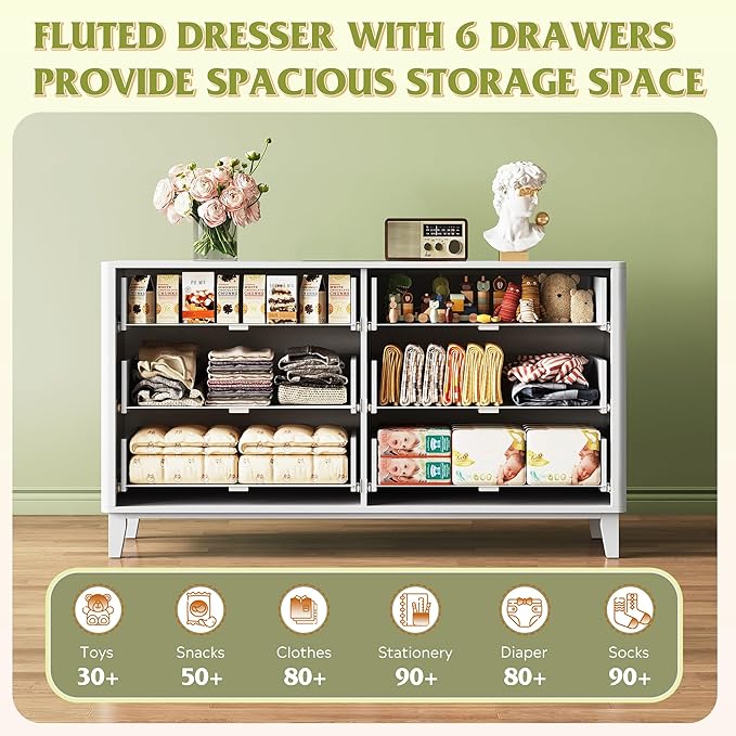 WLIVE Fluted Dresser for Bedroom with 6 Drawers, 54" Wide Wood Dresser with Golden Metal Handles, TV Stand for 65 inch TV, Mid Century Modern Chest of Drawers for Living Room, Hallway, Closet, White