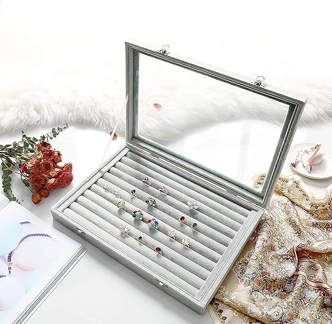 Jewelry Tray Ring Organizer Box with Clear Lid Velvet Tray for Jewelry Storage Display Case, 10 Slots Can Hold 100 Rings Earrings Dustproof Necklace Jewelry Box Organizer & Tray (Grey)