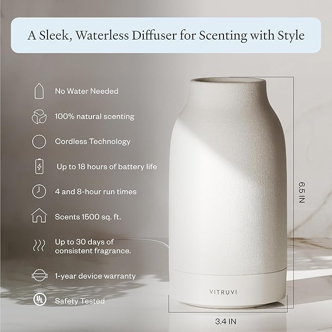 Vitruvi Air Cordless Diffuser – Portable Ultrasonic Aroma Diffuser, Waterless Cold-Air Technology, Up to 18-Hour Runtime, Whole-Room Scent Coverage, Sleek Minimalist Design