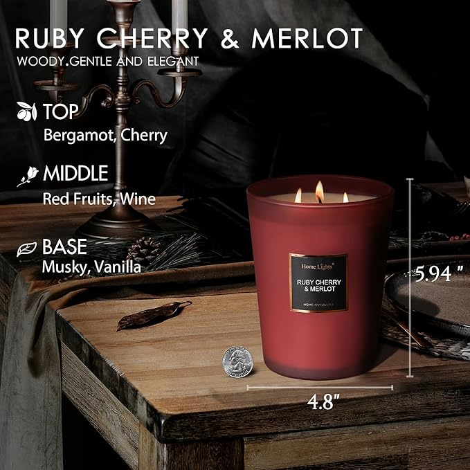 HomeLights Scented Candles - Large Jar Aromatherapy, Natural Soy Wax, 130 Hour Long Burning, Ruby Cherry & Merlot