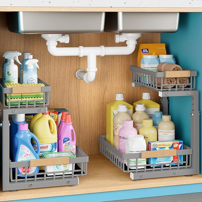 Jusdyrack 1 Packs 2 Tier Grey Under Sink Organizer,Under Sink Organizers and Storage, Slide Out Pull Out Cabinet Organizer Shelf, Metal Sliding Drawer for Kitchen Bathroom Cabinet Organization Rack
