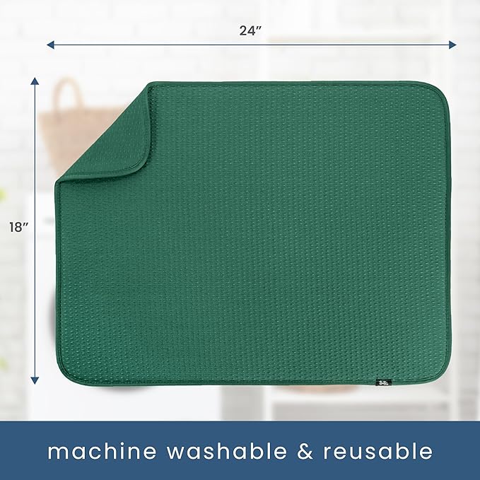 S&T INC. Dish Drying Mat XL, 18” x 24”, Absorbent Microfiber Kitchen Counter Mat, Drying Pad for Dishes, Utensils, Pots and Pans, Extra Large, Diamond Texture, Emerald Green