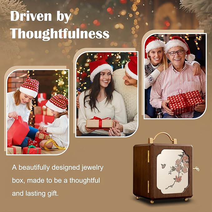 KINTNESS Wooden Jewelry Box With Key, 4 Layers Lockable Handheld Single Door Mirror-Flower Jewelry Box For Women Girls, Walnut Texture for Bracelet, Necklace, Ring