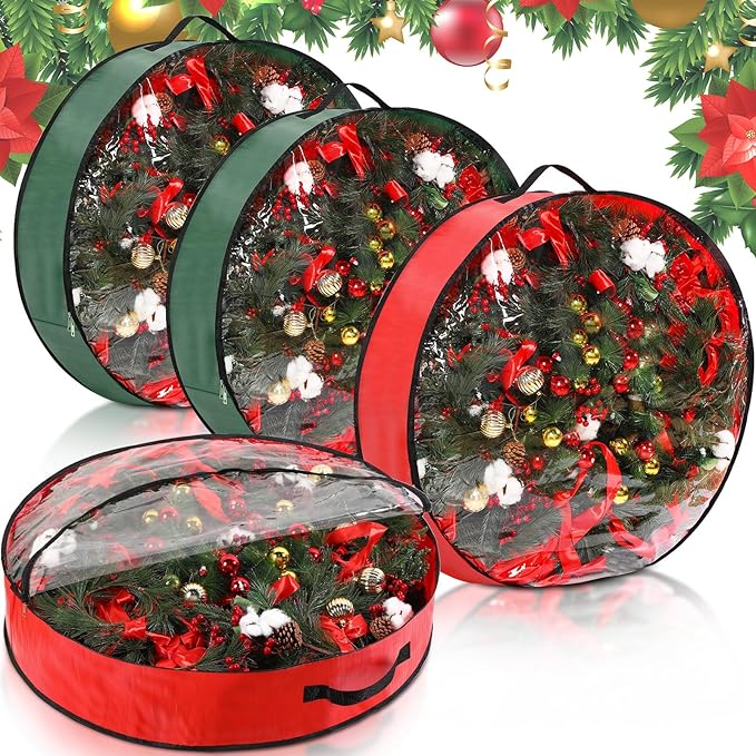 Aliceset 4 Pack Wreath Storage Containers, Christmas Ornament Garland Wreath Storage Bags with Handle Dual Zipper Large Decorative Storages Box for Winter Wreaths(30 x 30 x 7.8 Inch,Red, Green)