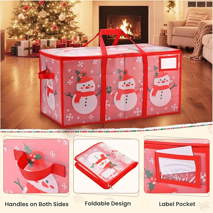 Plastic Christmas Ornament Storage Box with Adjustable Dividers, Waterproof Christmas Storage Containers Keep 128 Capacity, Dual Zippers, Ornament Organizer to Store Holiday Decor-Snowman