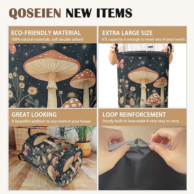 Fantasy Mushroom Laundry Basket,Butterfly Stars Collapsible Laundry Baskets with Handles,Waterproof Oxford Cloth Storage Basket 16"x20" for Bathroom/Bedroom/Dormitories