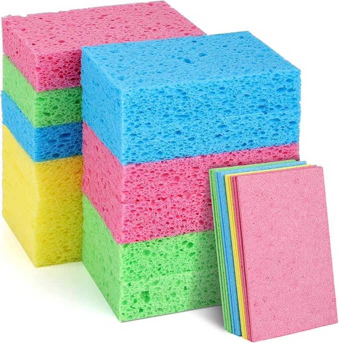 MOWPOG 12 PCS Dish Sponges Kitchen, Non Scratch Cleaning Sponge for Non Stick Cookware, Natural Compressed Cellulose Wash Scrub for Household Bathroom, Soft Washing Scrubbers (Multicolor)