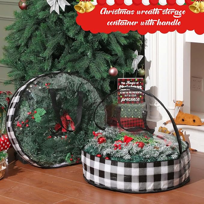 Shappy 4 Pcs Christmas Wreath Storage Bag Wreath Storage Container with Clear Window Plaid Wreath Storage Box with Handles for Storing Garland Holiday Wreath Wrapping(24 Inch,White Black)