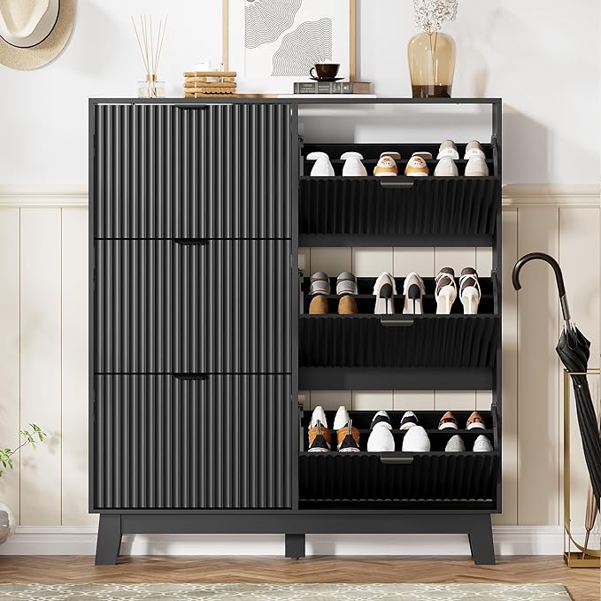 Shoe Cabinet Storage for Entryway with 6 Flip Drawers, Fluted Narrow Shoe Organizer with Wooden Legs, Freestanding Slim Shoe Storage Hidden Shoe Rack Organizer for Front Door Entrance, Black