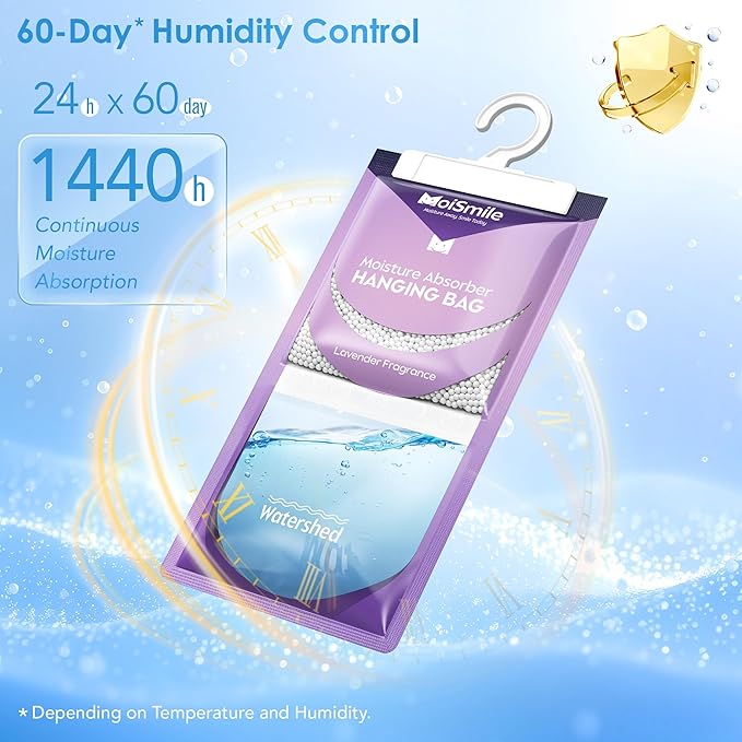 Moisture Absorbers 20 Pack Lavender Fragrance, Hanging Closet Dehumidifier Bags, Humidity Absorber, Compact Eliminates Odors Humidity Packs for Car, Bathroom, Bedroom, Basement, 9.8OZ