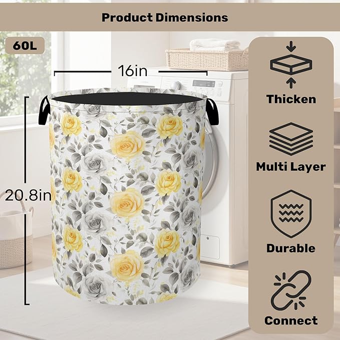 Yellow Gray Flowers Large Clothes Hamper Bag - Laundry Basket with Handles, Space Saving Foldable Design for Nursery