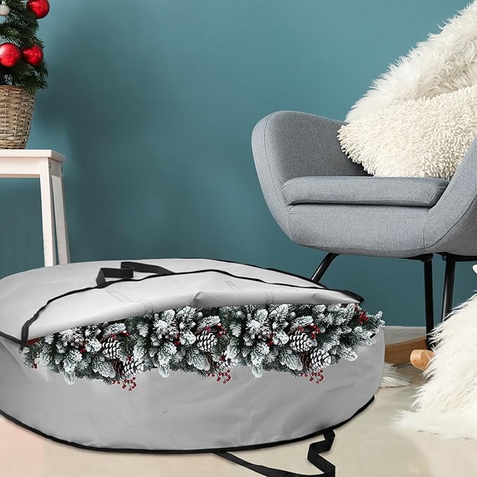 1 Pc 60" Christmas Wreath Storage Bag Zippered Garland Holiday Container with Reinforced Handle Tear Resistant 600d Oxford Organizer Wreath Holder with Card (Gray)