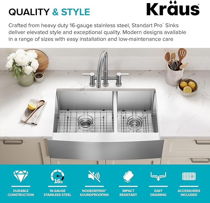 KRAUS Standart Pro 33-Inch Apron Front Farmhouse 16-Gauge 60/40 Double Bowl Stainless Steel Kitchen Sink, KHF203-33