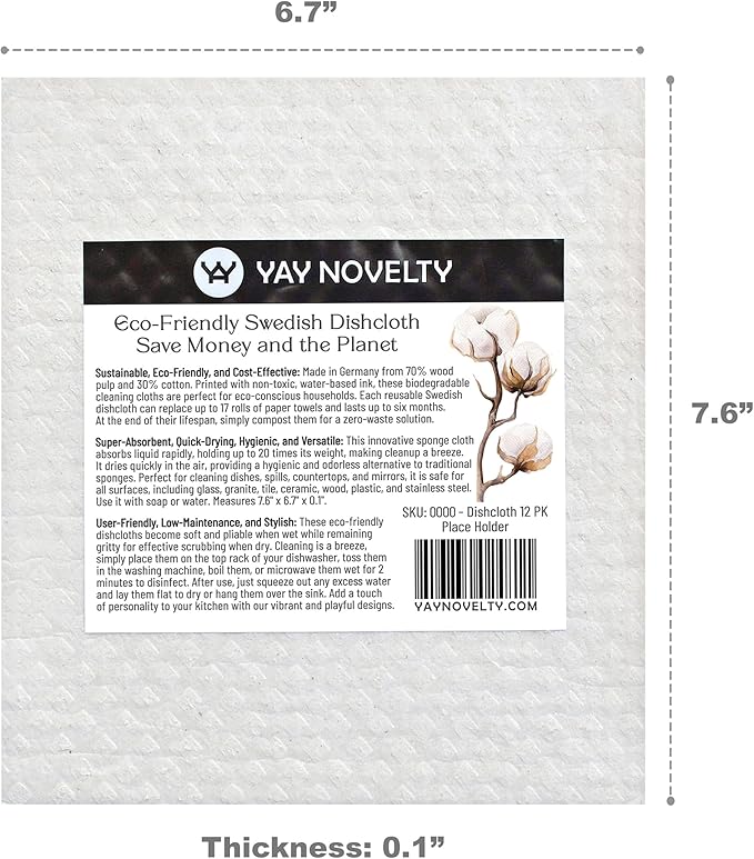 YAY NOVELTY Swedish Dishcloths - 12 Pack | Made in Germany | Ultra-Absorbent, Reusable Cellulose Sponge Cloths for Kitchen | No-Odor, Eco-Friendly Cleaning Wipes | Water-Based Ink | Leaves