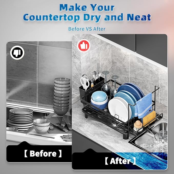GAOKASE Dish Drying Rack, Compact Dish Racks for Kitchen Counter with Sponge Rack, Space-Saving Dish Drainer Drying Rack with Drainboard, Utensil Holder and and Automatic Drainage Drainboard, Black