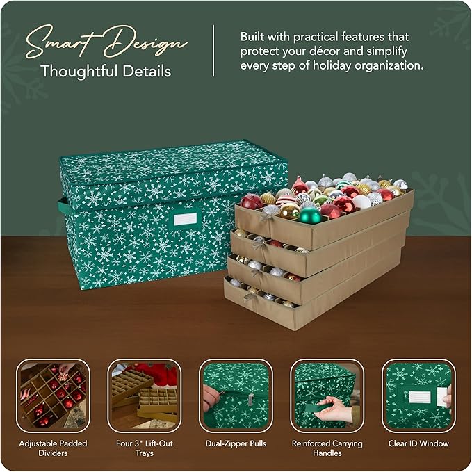 Covermates Keepsakes Adjustable Ornament Storage Box – Heavy-Duty Polyester, Padded Dividers & FlexGrid Trays – Protective Holiday Organizer with Stackable Walls & Label Window, Green Snowflake