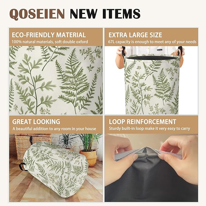 Sage Green Collapsible Laundry Baskets,Eucalyptus Leaves Laundry Hamper,Storage Basket with Handles for Bathroom Bedroom College Dormitory Living Room Nursery Organizer 16"x20"
