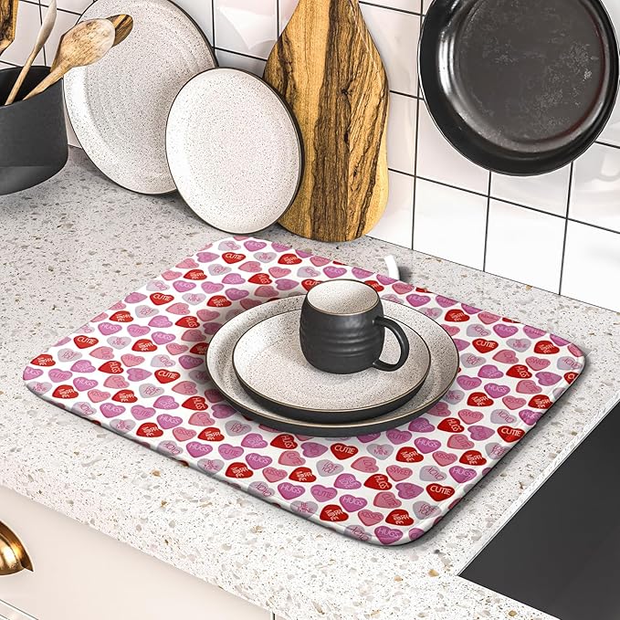 Valentine’s Day Dish Drying Mat for Kitchen Counter 18x16 Inch Pink Love Drying Mat with Absorbent Reversible Microfiber Holiday Dish Drainer Mats Rack Pad for Coffee Countertop Protector