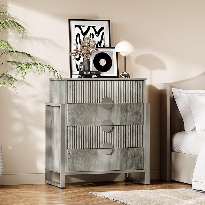 Fluted Dresser for Bedroom with 4 Drawers, 36.2" Tall Chest of Drawers with Raised H Legs and Curved Profile Design, Wood Closet Clothes Storage Organizer for Bedroom, Hallway, Grey