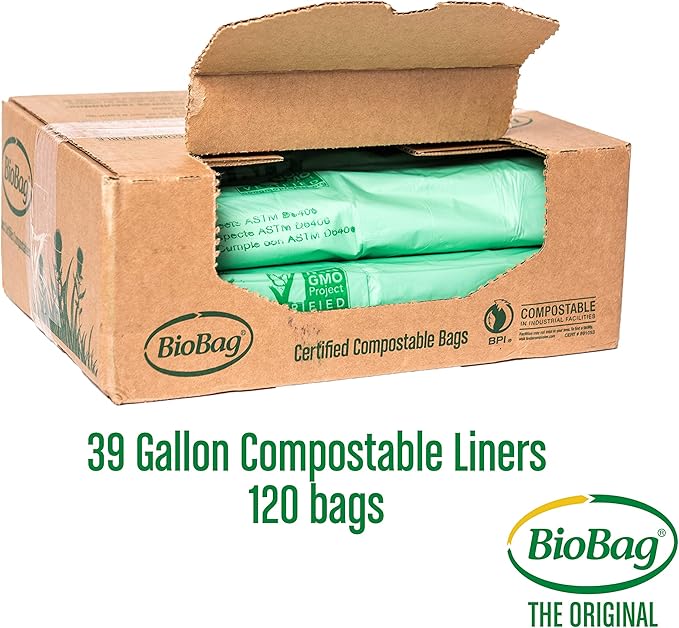 BioBag (USA) The Original Compostable Bag, 39 Gallon, 120 Count, 100% Certified Compostable Trash Bag Liners for Food Waste, Extra Strong and Durable, Trash Bag