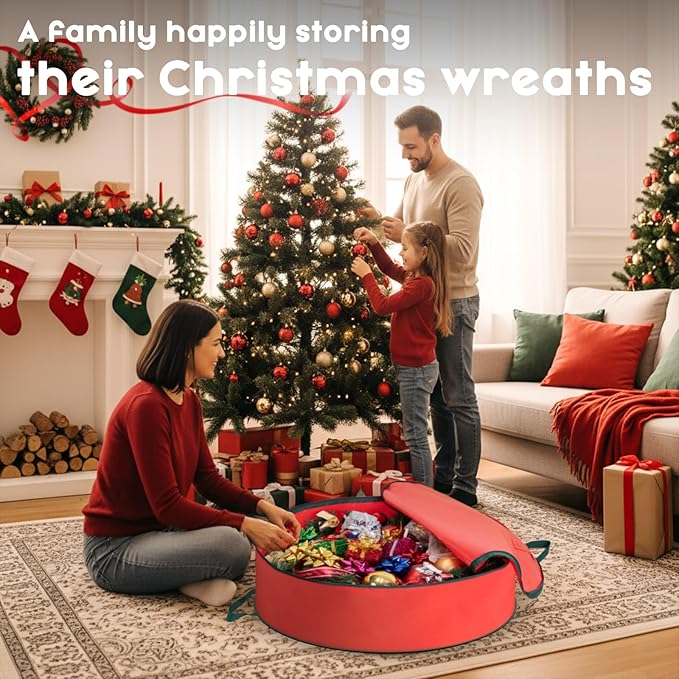 Criusia Wreath Storage Container, 2 Pack Christmas Wreath Storage Bag with Sturdy Handle, Two-way Zipper,Durable Wreath Storage Organizer Box for Holiday Decoration (Red, 36"x8")