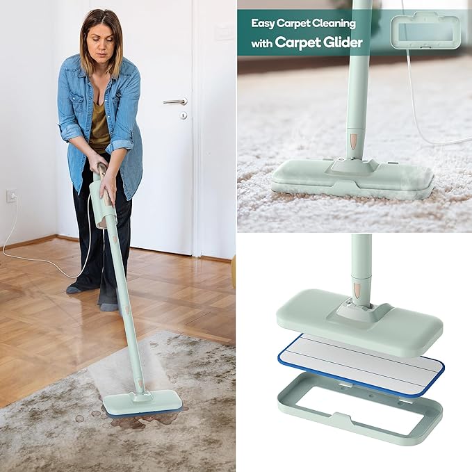 Newbealer Steam Mop & Detachable Handheld Cleaner, 250ml 1200W Powerful Floor Steamer, 3 Adjustable Levels for Carpet Laminate Hardwood Grout, Carpet Glider, 11 Multi-purpose Accessories & 2 Pads