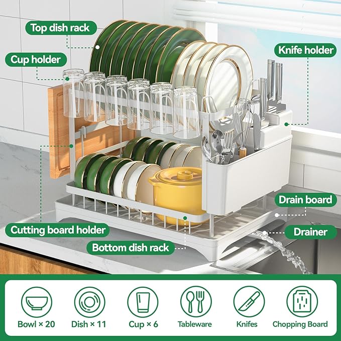 QECOUI 2-Tier Dish Drying Rack with Drainboard, Sink & Countertop Metal Dish Rack Organizer, Dish Drainers for Kitchen Counter, White Dish Racks