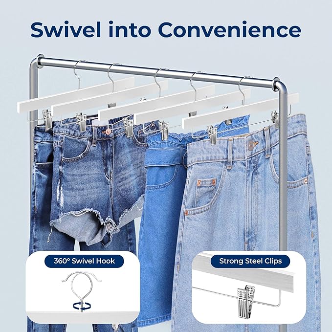 SereneLife 20 Pack Skirt and Pant Hanger with Adjustable Non-Slip Steel Clips, Premium Wooden, 360° Swivel Hook & 10 lb Capacity – Space-Saving Heavy-Duty Hangers for Jeans, Shorts & Slacks (White)