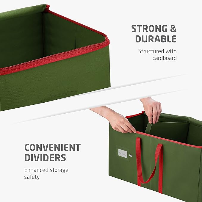 ZOBER Large Christmas Ornament Storage Box - Stores 128 3" Ornaments, With Dividers - Ornament Organizer Storage Box, Durable Christmas Containers Holder - Extra Pockets, Dual Zipper - Green