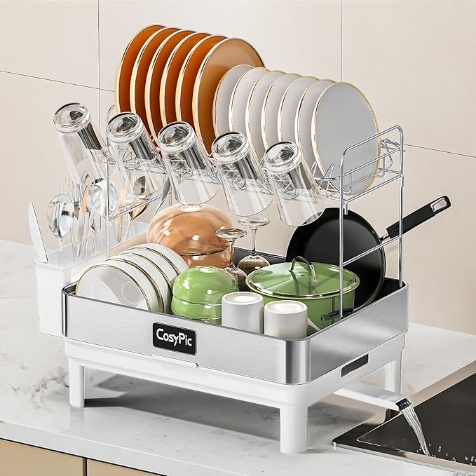 CosyPic 2 Tier Dish Drying Rack, Thicker Premium 304 Stainless Steel Dish Racks for Kitchen Counter, Automatic Drainage Spout, Dish Drainer & Drainboard Set with Utensil Holder and Cup Holder, White