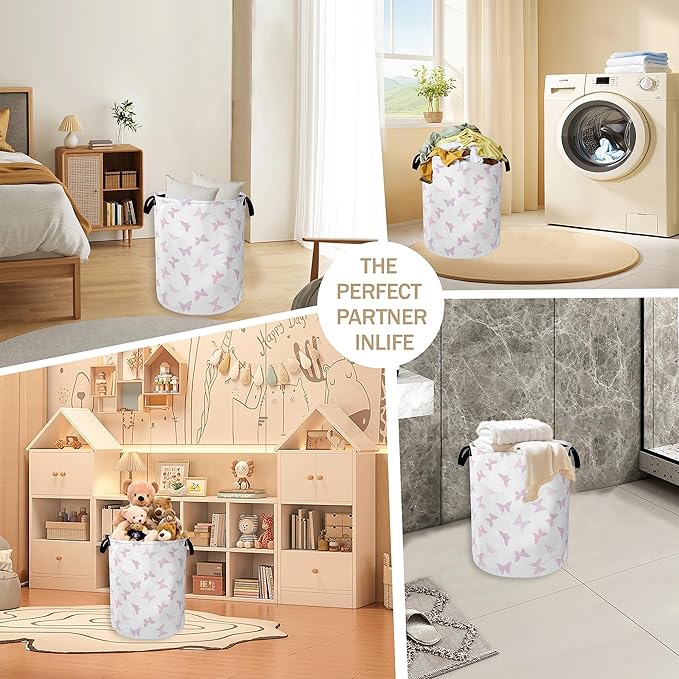 Collapsible Laundry Basket,Pink Butterfly Dirty Clothes Hamper,Girls Hampers for Bedroom Waterproof Oxford Cloth Storage Organizer for Bathroom,Nursery,Dorm,16x20 Inch