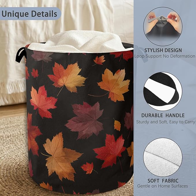 Maple Leaves Laundry Basket,Autumn Foldable Oxford Cloth Tote Bag Laundry Hamper Clothes Storage Bucket Organizer for Bedroom Laundry Storage Dormitories 16" x 20.8"