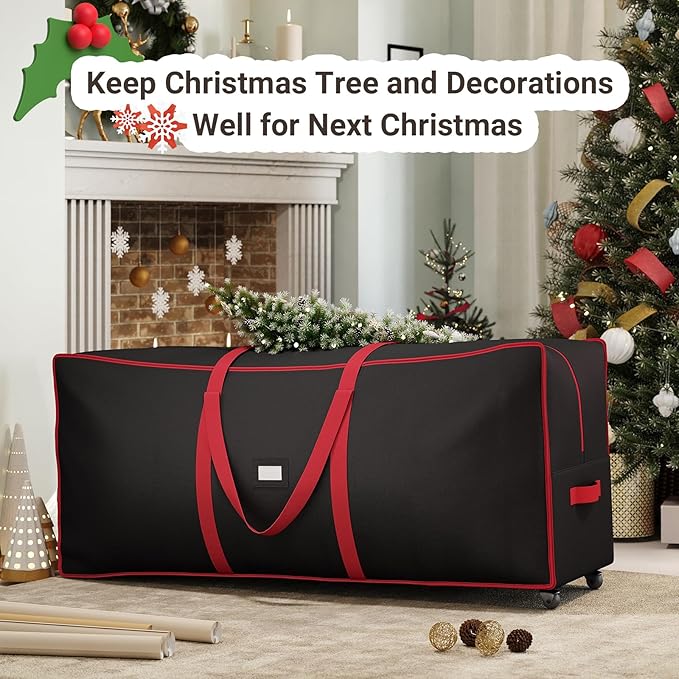 ELYKEN 7.5FT Christmas Tree Storage Bag with Wheels, Rolling Storage Bag for Artificial Christmas Tree and Decorations, Heavy Duty 600D Oxford Fabric, Length-Adjustable Handles, Dual Zippers, Black