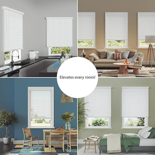 2.5 Inch Cordless Faux Wood Blind, 67.5" W x 72" L - White Plantation Style Venetian Blinds, Over 400 Custom Sizes Starting at 29.97, Room Darkening Shades for Interior Windows by Lumino