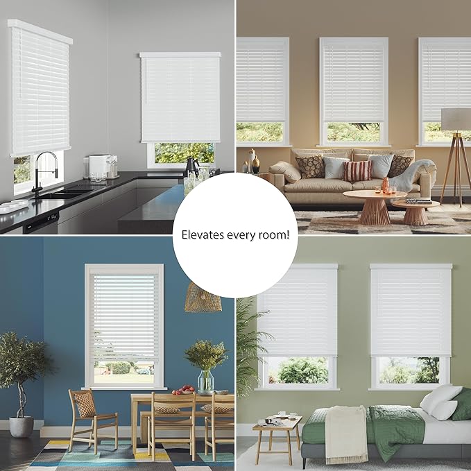 2.5 Inch Cordless Faux Wood Blind, 70.75" W x 72" L - White Plantation Style Venetian Blinds, Over 400 Custom Sizes Starting at 29.97, Room Darkening Shades for Interior Windows by Lumino