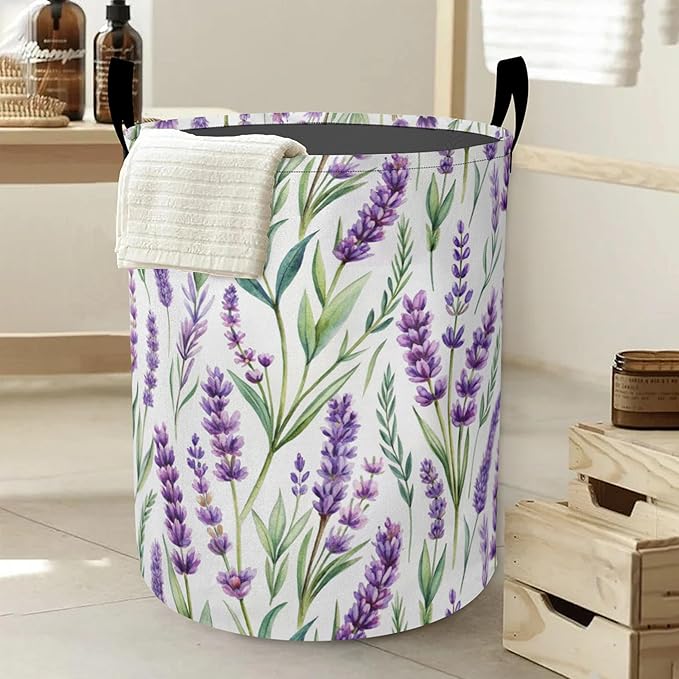 Laundry Basket,Purple Lavender Large Canvas Fabric Lightweight Storage Hamper Organizer Dirty Clothes Collapsible Waterproof for College Dorms,Bathroom