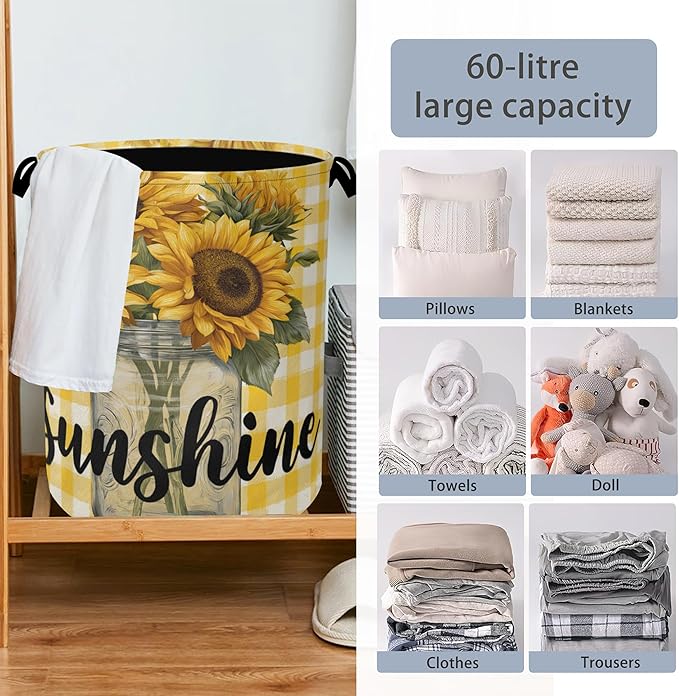 Retro Sunflowers Laundry Hamper,Sunshine Dirty Clothes Laundry Basket with Handles Waterproof Oxford Cloth Storage Basket for College Dorms Bathroom Bedroom 16" x 20.8"