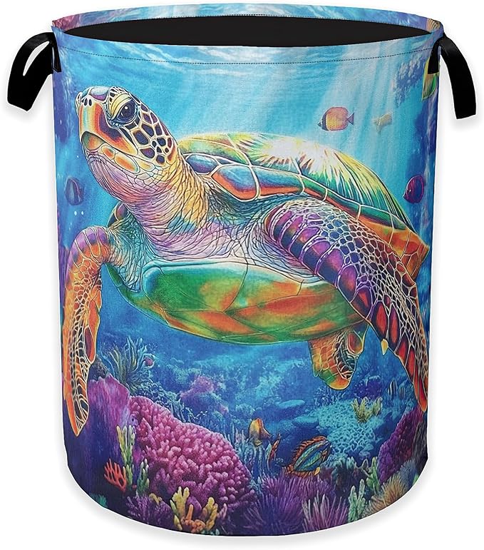 Collapsible Laundry Basket,Sea Turtle Dirty Clothes Hamper,Ocean Fish Coral Hampers for Bedroom Waterproof Oxford Cloth Storage Organizer for Bathroom,Nursery,Dorm,16x20 Inch