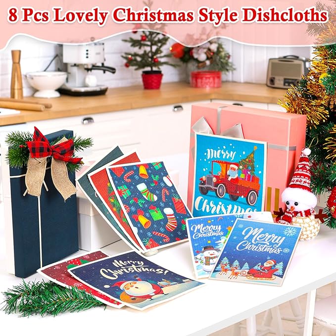 Lucomb 8 Pack Christmas Swedish Dishcloths Reusable, Kitchen Sponges Soft Absorbent Swedish Towels Dish Cloths Washable Decorative for Kitchen Washing Dishes Bathroom Office Hand Towel Cleaning